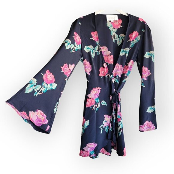 Stone Cold Fox Black Tropical Silk Wrap Mini Dress Long Sleeve XS Boho LA - Picture 4 of 11